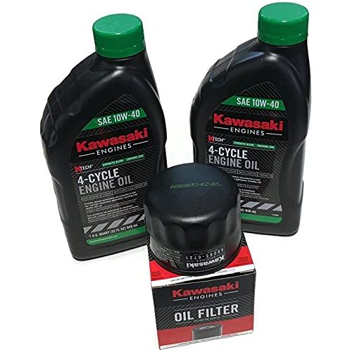 El kit de cambio de aceite original Kawasaki para motores Kawasaki seleccionados contiene una cantidad (2) de aceite 99969-6296 10w40, una cantidad (1) un filtro de aceite 49065-0721.