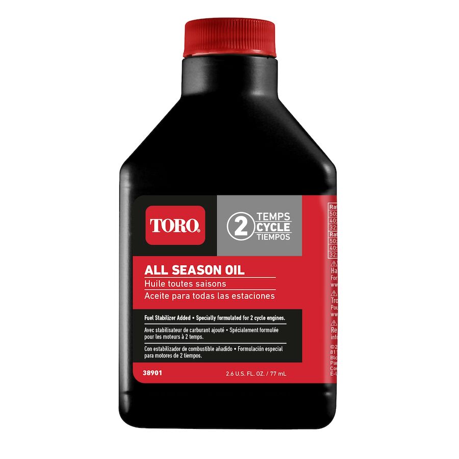 Aceite de motor de 2 tiempos original Toro OEM 38901 con estabilizador de combustible, 2.6 oz.