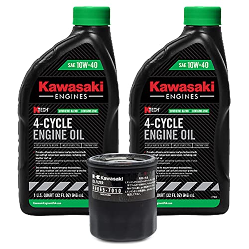 El kit de cambio de aceite original Kawasaki para motores Kawasaki seleccionados contiene una cantidad (2) de aceite 99969-6296 10w40, una cantidad (1) un filtro de aceite 49065-0724.